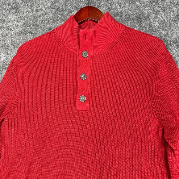 Banana Republic Sweater Mens Medium Red Cotton Mock Button Neck Ribbed Cuffs - Picture 3 of 7